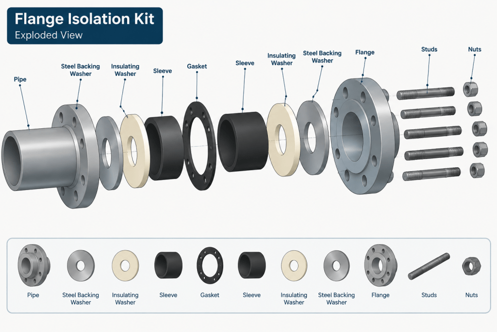 Flange Isolation Kits in Piping CAD: Gaskets, Sleeves, Washers, and Joint Stack-Up piping engineering illustration