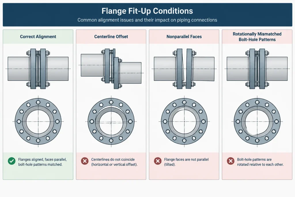 Flange Joint Alignment in Piping CAD: Faces, Bores, Bolt Holes, and Field Fit-Up piping engineering illustration