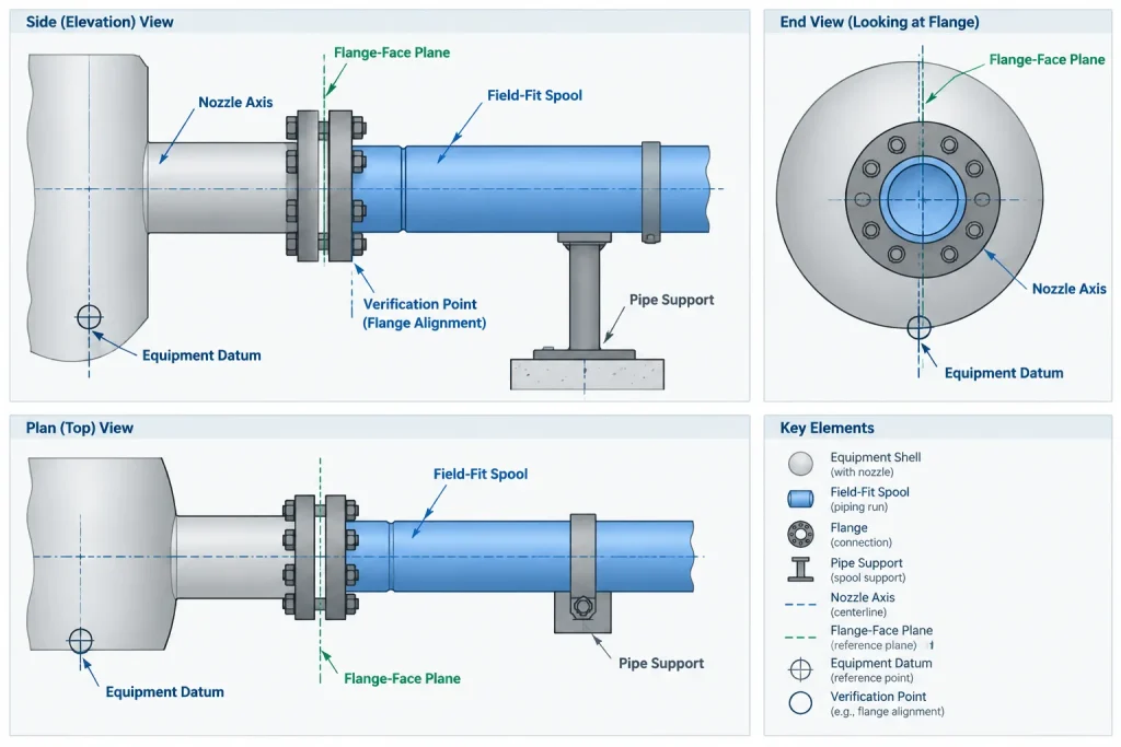 Flange Joint Alignment in Piping CAD: Faces, Bores, Bolt Holes, and Field Fit-Up piping engineering illustration