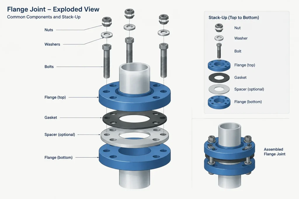 Flange Joint Alignment in Piping CAD: Faces, Bores, Bolt Holes, and Field Fit-Up piping engineering illustration