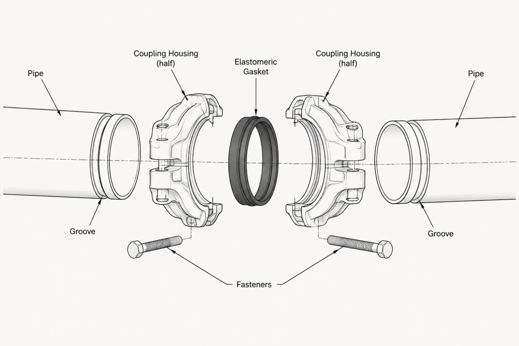 Grooved Pipe Connections in CAD: Couplings, End Gaps, and Cut-Length Control piping engineering illustration