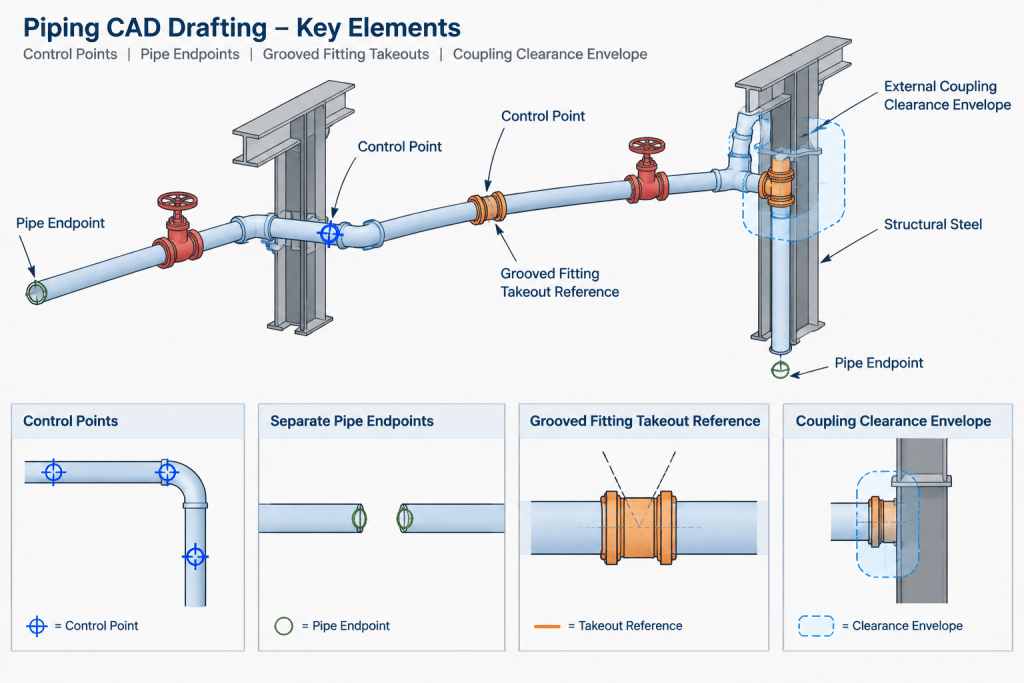 Grooved Pipe Connections in CAD: Couplings, End Gaps, and Cut-Length Control piping engineering illustration