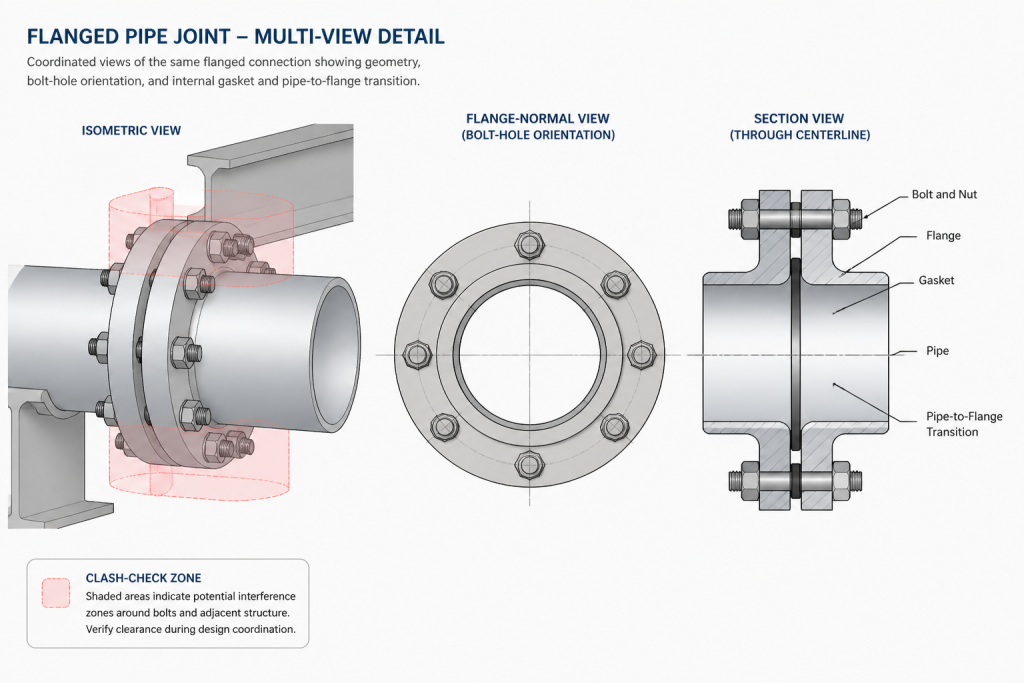 How to Check a Flanged Pipe Connection in CAD: Alignment, Gasket, and Bolt-Up Workflow engineering illustration