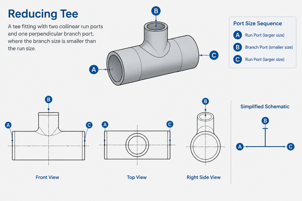 How to Read Pipe Fitting Size Order: Tees, Reducers, Crosses, and Branch Connections piping engineering illustration