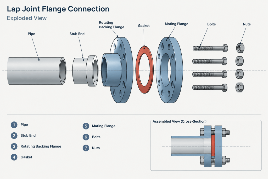 Lap Joint Flanges and Stub Ends in Piping CAD: Assembly, Rotation, and Dimension Control piping engineering illustration