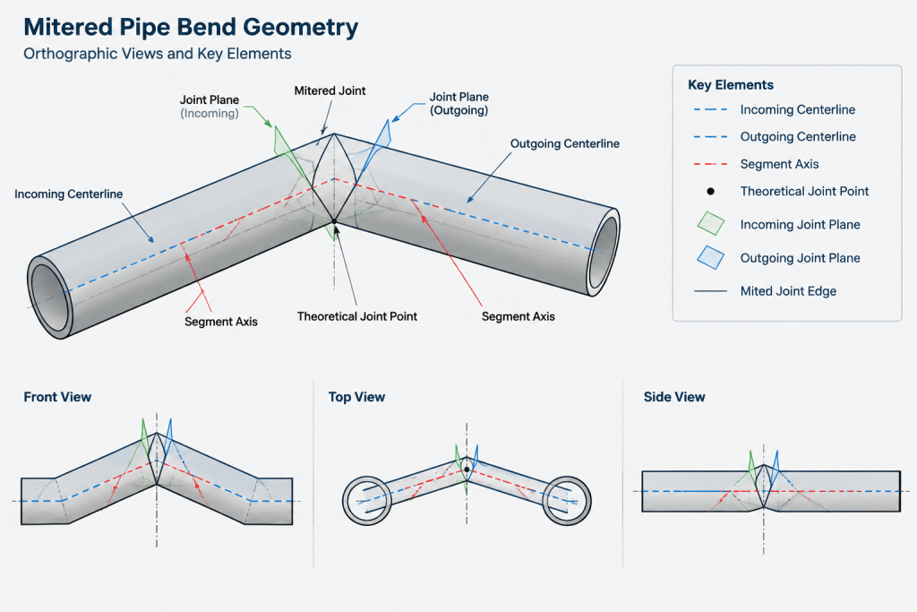 Mitered Pipe Bends in CAD: Segment Geometry, Weld Layout, and Fabrication Documentation piping engineering illustration