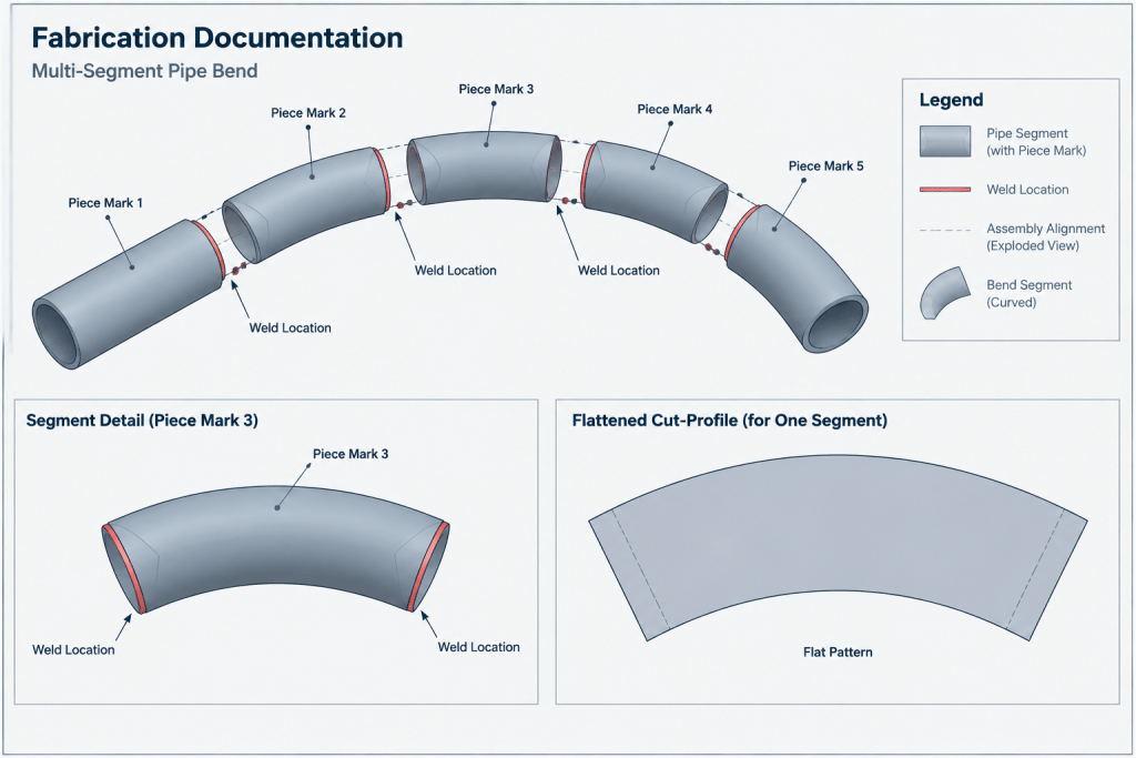 Mitered Pipe Bends in CAD: Segment Geometry, Weld Layout, and Fabrication Documentation piping engineering illustration