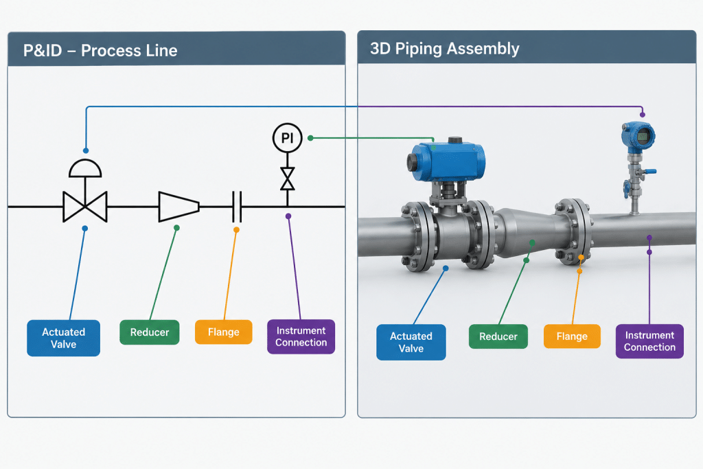 P&ID Symbols vs. 3D Piping Components: How to Translate Process Intent into CAD piping engineering illustration