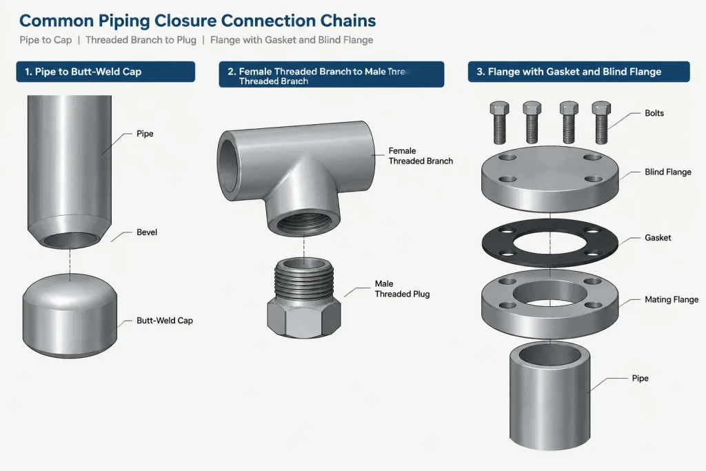 Pipe Caps, Plugs, and Blind Flanges: Choosing and Detailing a Piping Closure piping engineering illustration