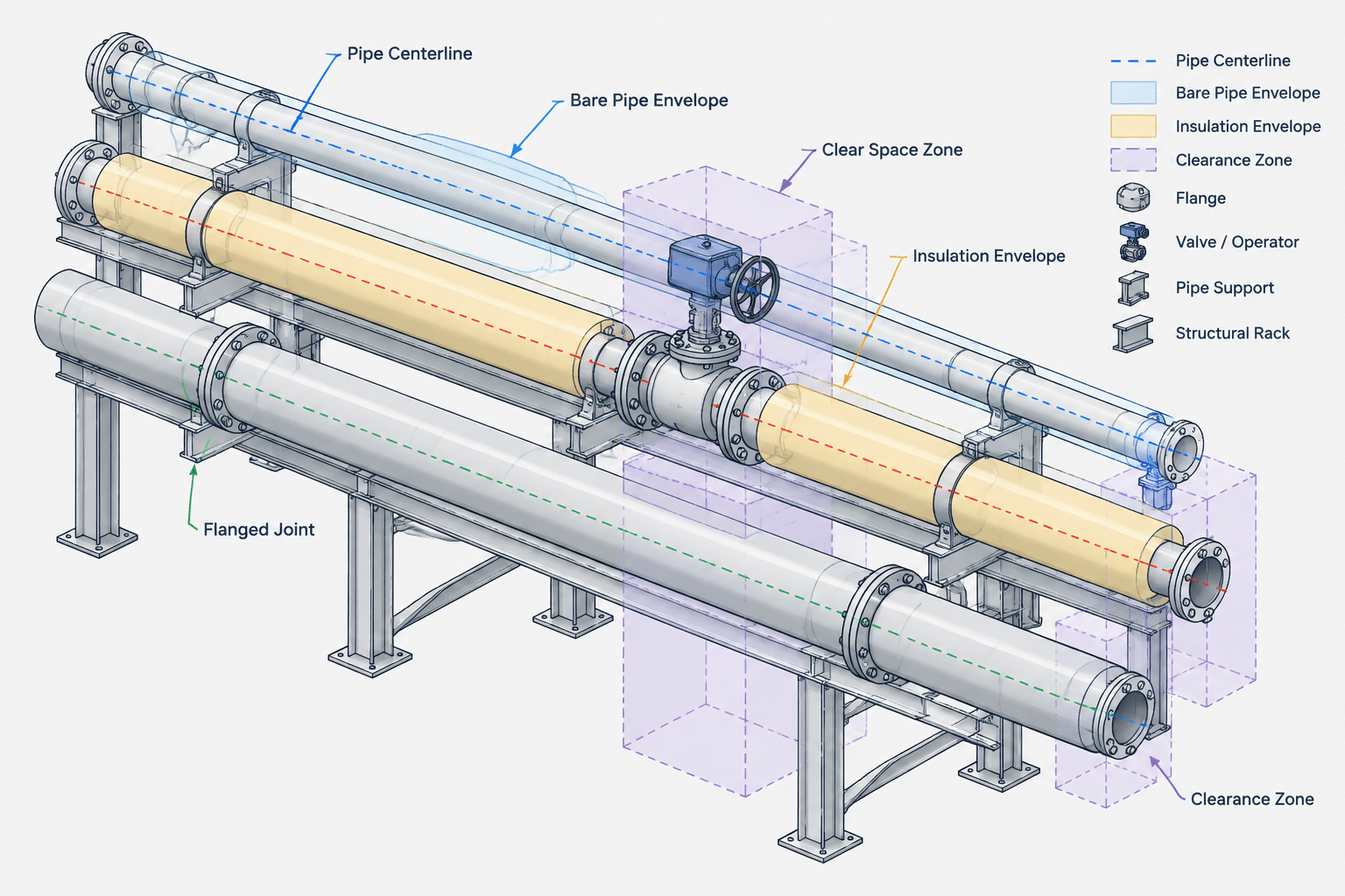 Pipe Centerline Spacing in CAD: How to Account for Insulation, Flanges, Valves, and Access