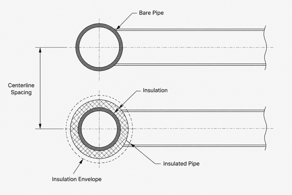 Pipe Centerline Spacing in CAD: How to Account for Insulation, Flanges, Valves, and Access piping engineering illustration