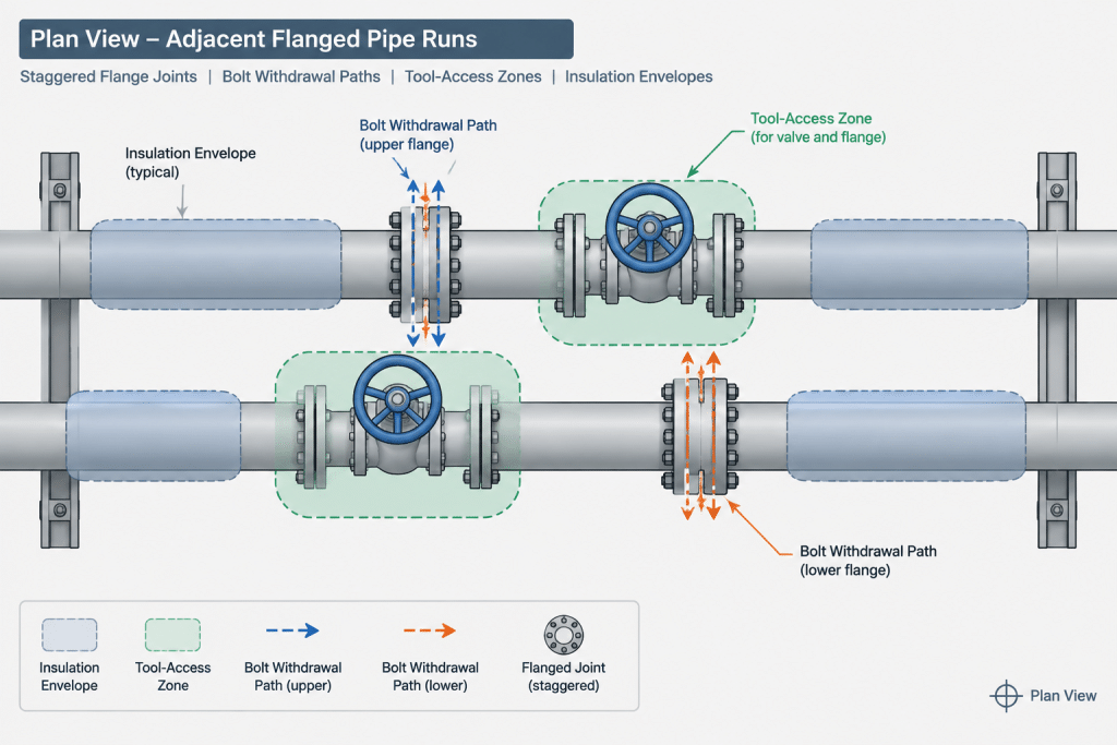 Pipe Centerline Spacing in CAD: How to Account for Insulation, Flanges, Valves, and Access piping engineering illustration