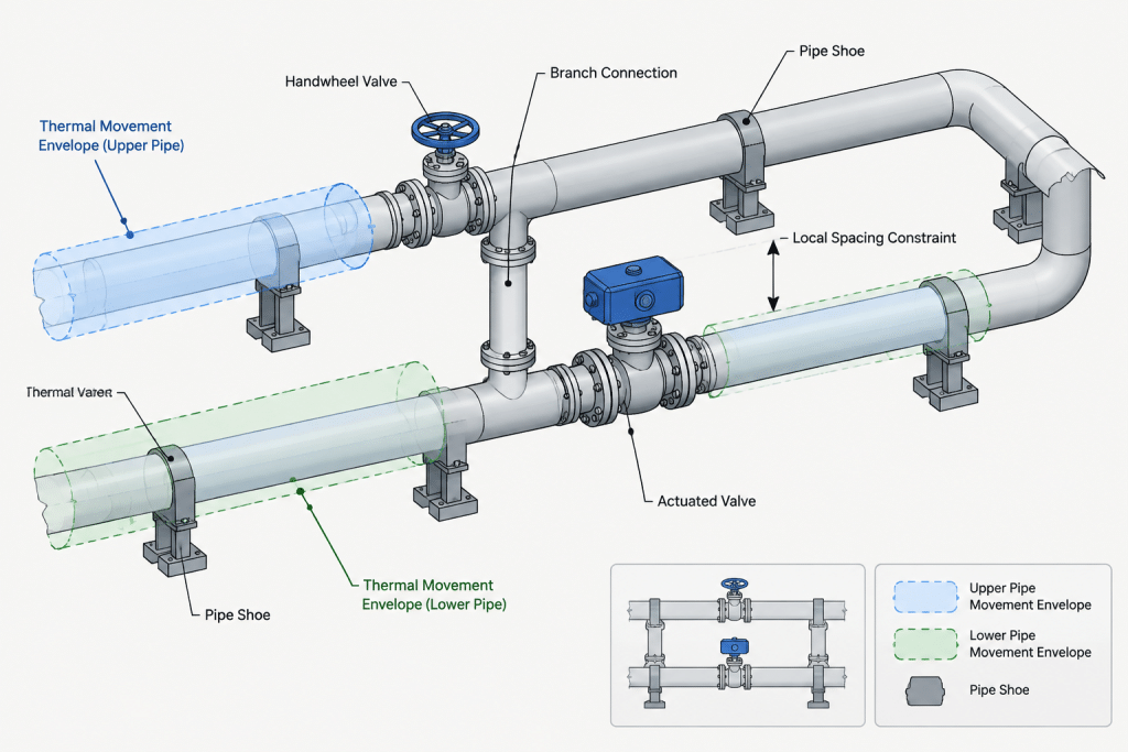 Pipe Centerline Spacing in CAD: How to Account for Insulation, Flanges, Valves, and Access piping engineering illustration