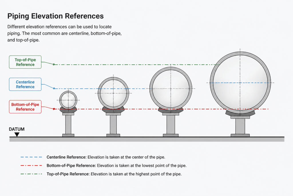 Pipe Elevation Terminology in CAD: Centerline, Bottom of Pipe, Top of Pipe, and Invert engineering illustration