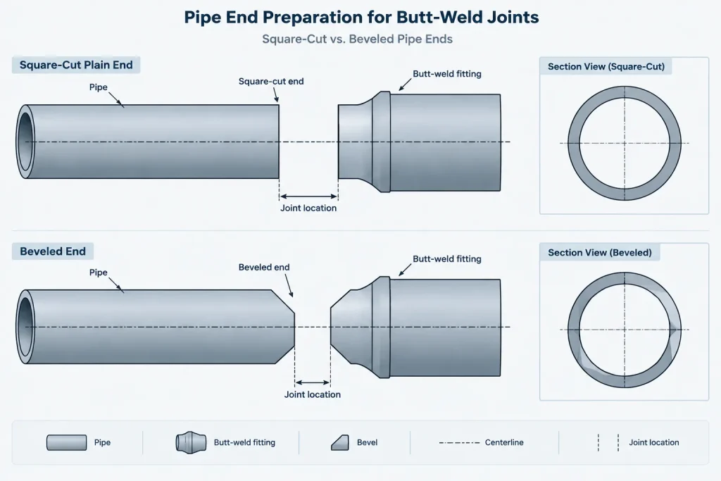 Pipe End Types in CAD and Piping Documentation: Plain, Beveled, Threaded, and Grooved Ends piping engineering illustration