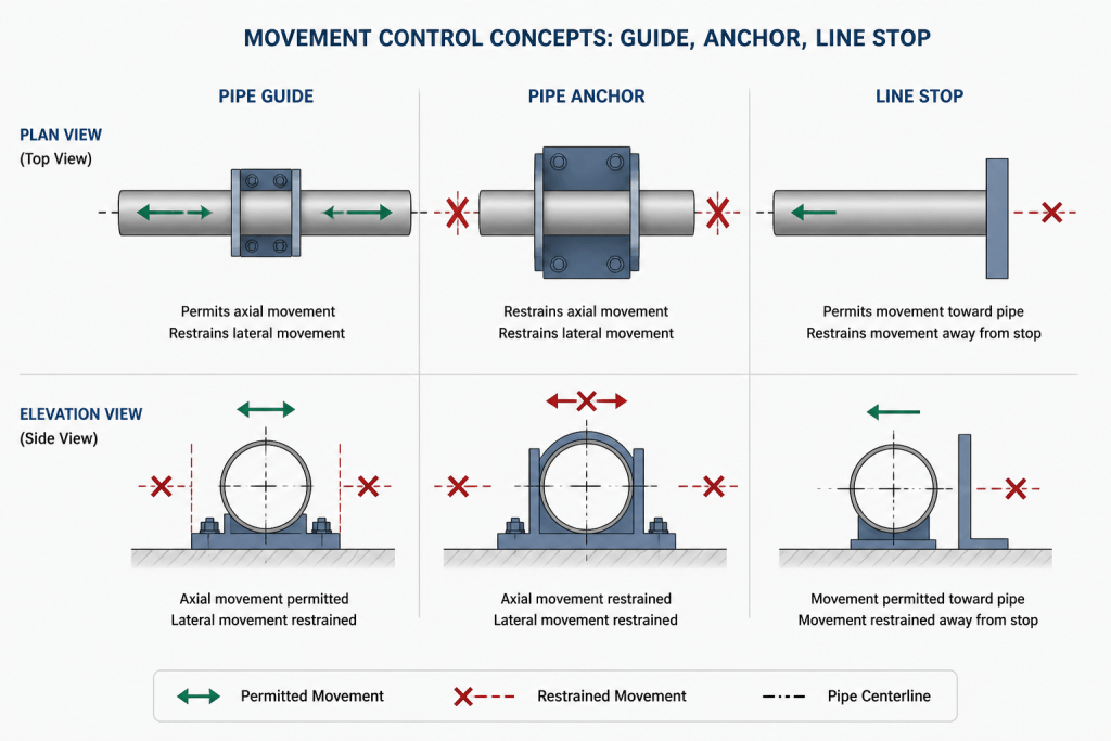 Pipe Guides, Anchors, and Line Stops in CAD: How to Distinguish and Detail Them engineering illustration