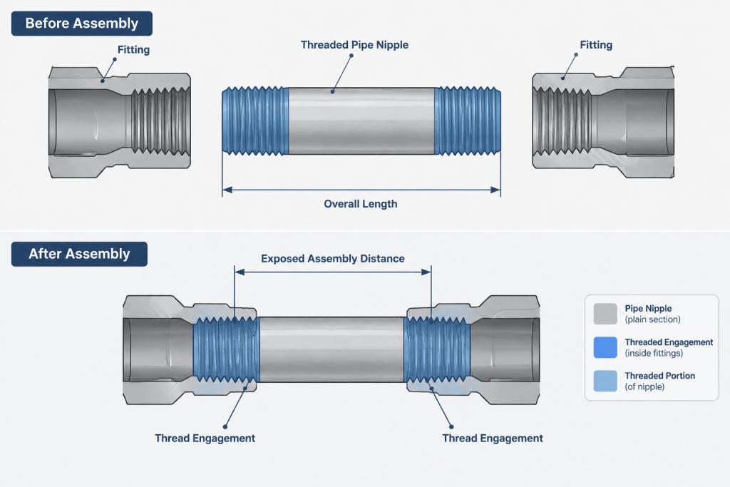 Pipe Nipple Lengths in CAD: How to Interpret End-to-End, Threaded, and Close Nipple Dimensions engineering illustration