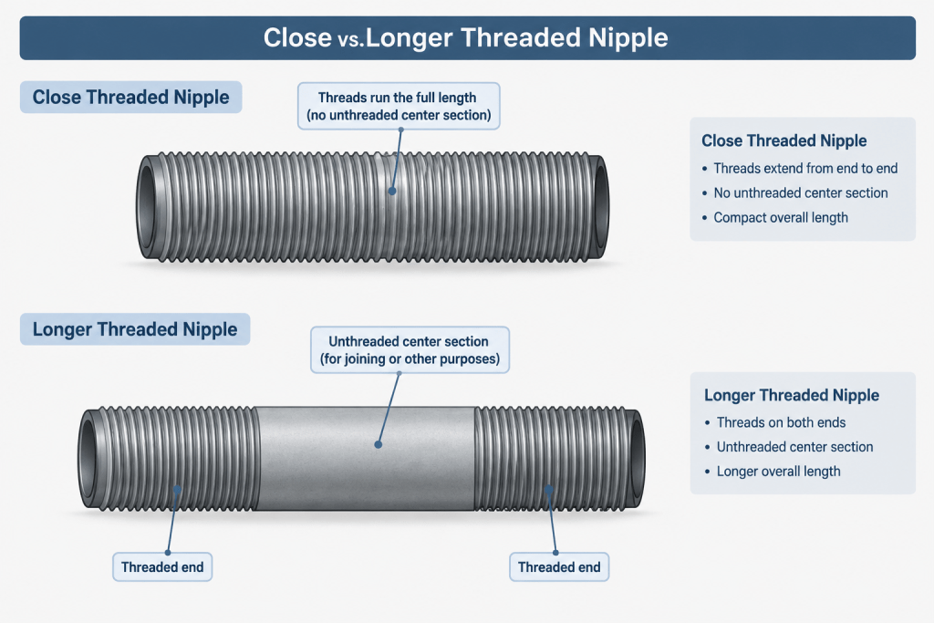 Pipe Nipple Lengths in CAD: How to Interpret End-to-End, Threaded, and Close Nipple Dimensions engineering illustration