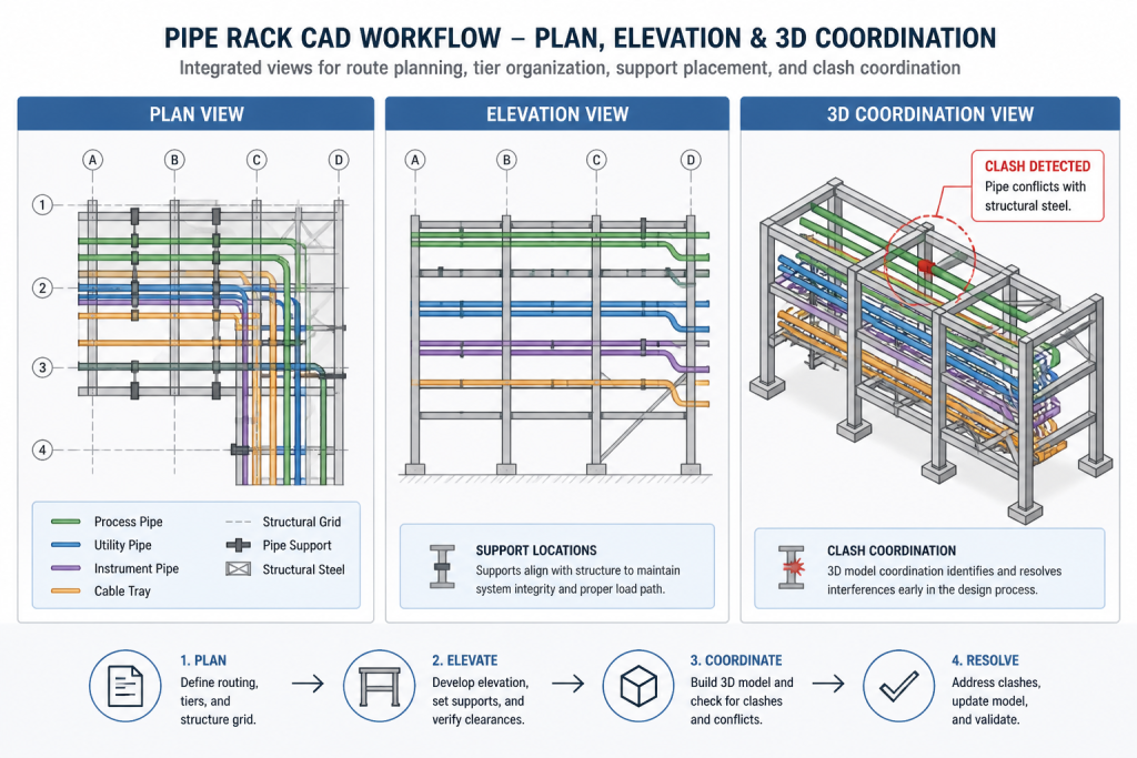 Pipe Rack Layout in CAD: A Practical Routing and Detailing Workflow engineering illustration