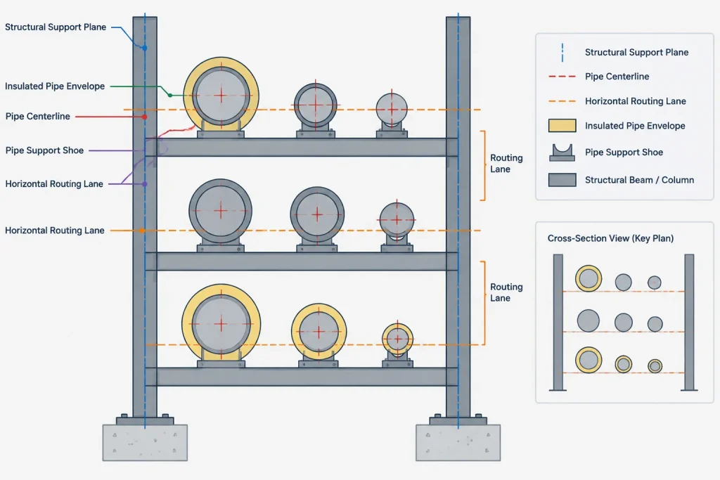 Pipe Rack Routing in CAD: Levels, Lanes, Crossovers, and Coordination piping engineering illustration