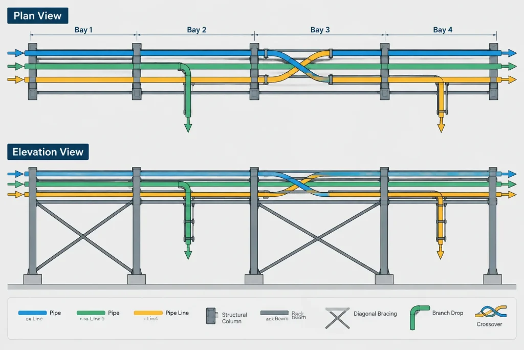 Pipe Rack Routing in CAD: Levels, Lanes, Crossovers, and Coordination piping engineering illustration