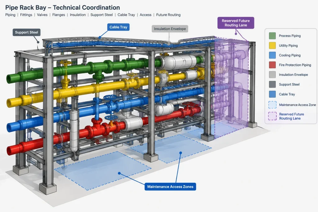 Pipe Rack Routing in CAD: Levels, Lanes, Crossovers, and Coordination piping engineering illustration