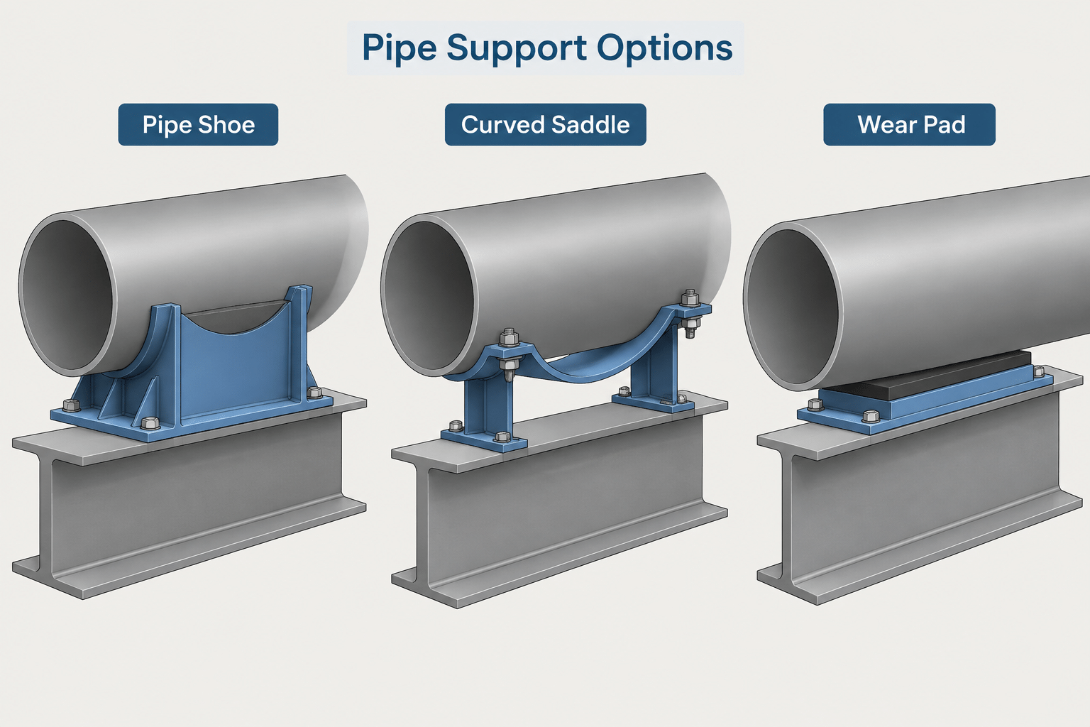 Pipe Shoes, Saddles, and Wear Pads in CAD: Geometry, Contact, and Documentation