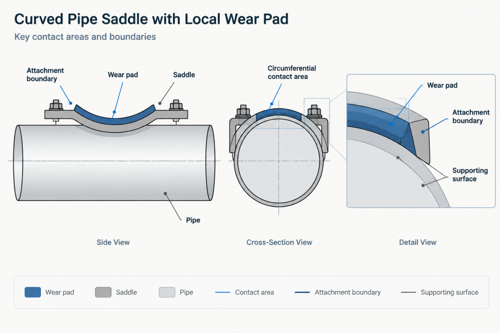 Pipe Shoes, Saddles, and Wear Pads in CAD: Geometry, Contact, and Documentation piping engineering illustration