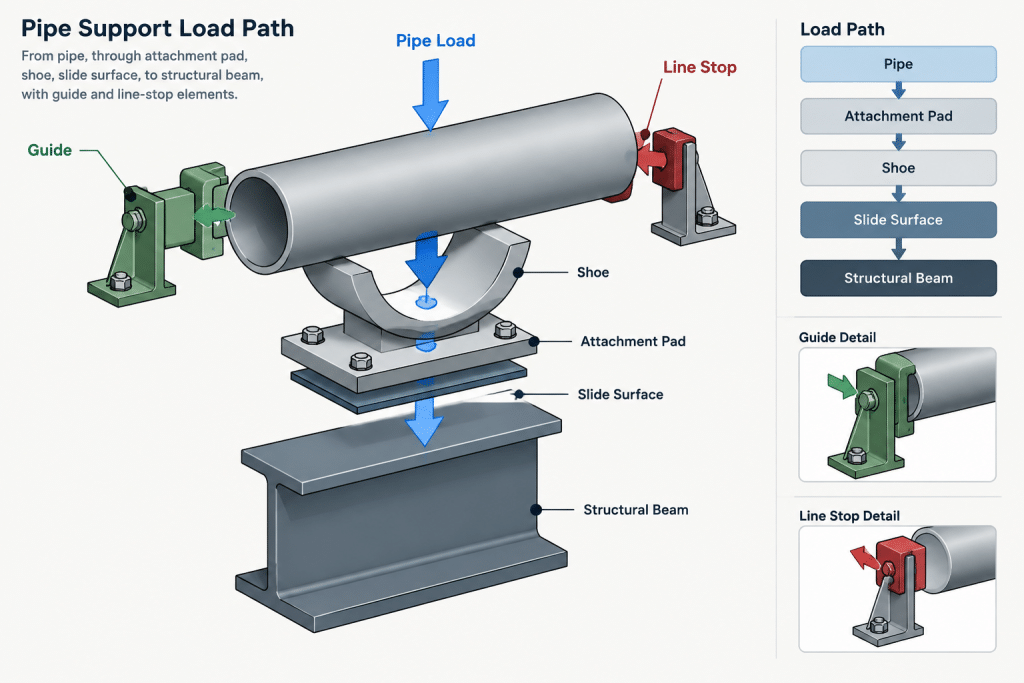 Pipe Shoes, Saddles, and Wear Pads in CAD: Geometry, Contact, and Documentation piping engineering illustration