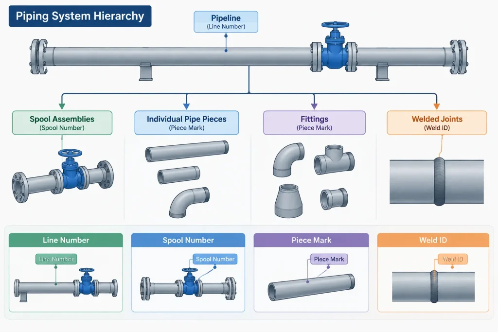 Pipe Spool Numbers, Piece Marks, and Line Numbers: What Each Identifier Controls piping engineering illustration