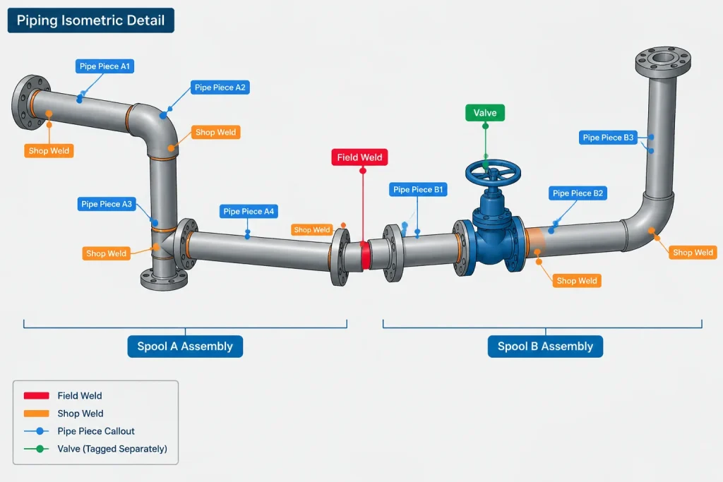 Pipe Spool Numbers, Piece Marks, and Line Numbers: What Each Identifier Controls piping engineering illustration