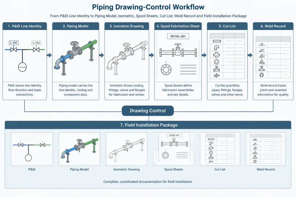 Pipe Spool Numbers, Piece Marks, and Line Numbers: What Each Identifier Controls piping engineering illustration