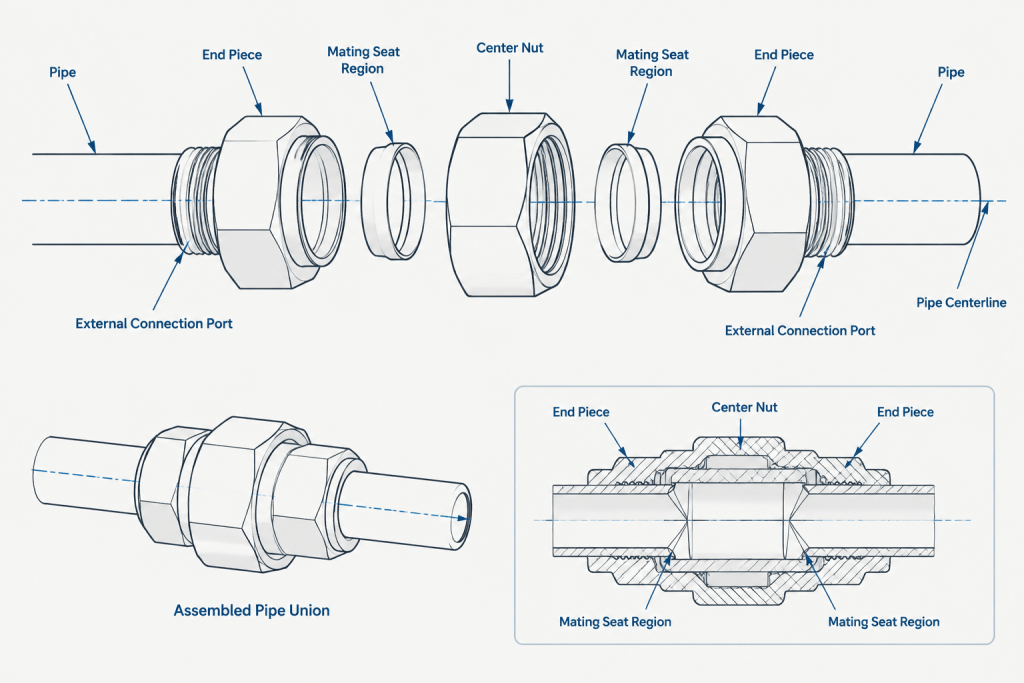 Pipe Unions vs. Couplings in Piping CAD: Assembly, Maintenance, and Cut-Length Control piping engineering illustration