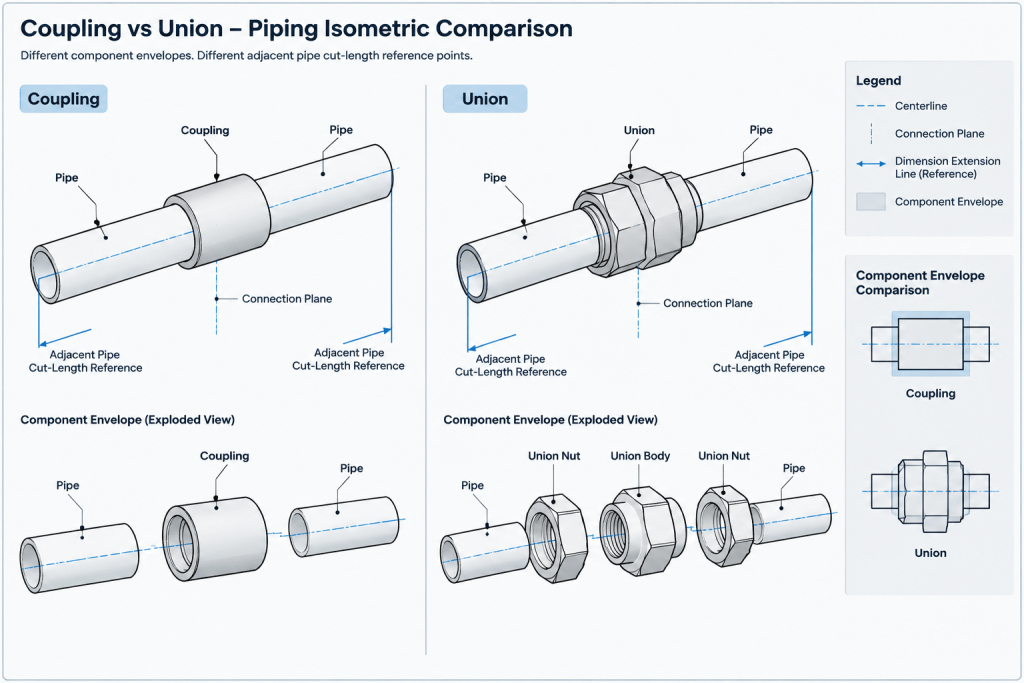 Pipe Unions vs. Couplings in Piping CAD: Assembly, Maintenance, and Cut-Length Control piping engineering illustration