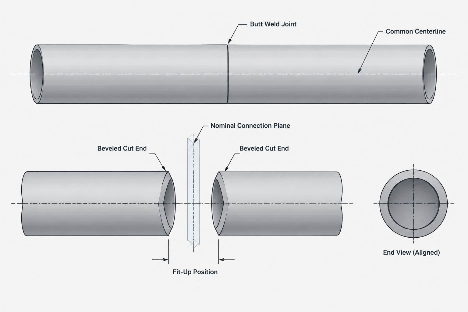 Pipe Weld End Preparation in CAD: Bevels, Root Gaps, and Cut-Length Control engineering illustration
