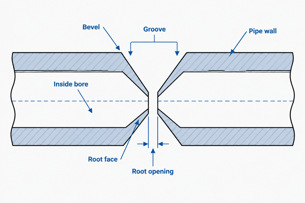 Pipe Weld End Preparation in CAD: Bevels, Root Gaps, and Cut-Length Control engineering illustration