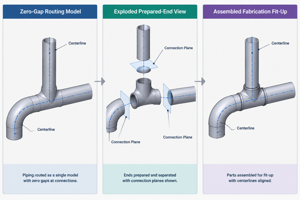 Pipe Weld End Preparation in CAD: Bevels, Root Gaps, and Cut-Length Control engineering illustration