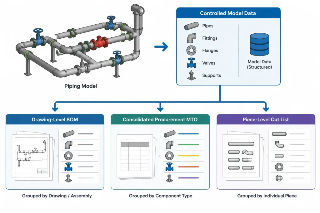 Piping BOM vs. MTO vs. Cut List: What Each Deliverable Controls piping engineering illustration