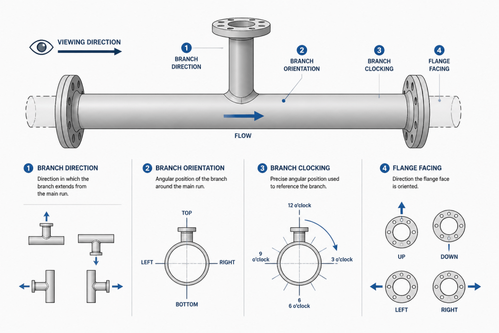 Piping Branch Orientation and Clocking in CAD: A Practical Detailing Guide engineering illustration
