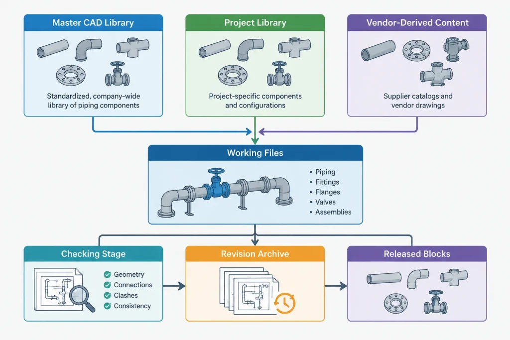 Piping CAD Block Library Management: A Practical Workflow for Reuse and Control piping engineering illustration