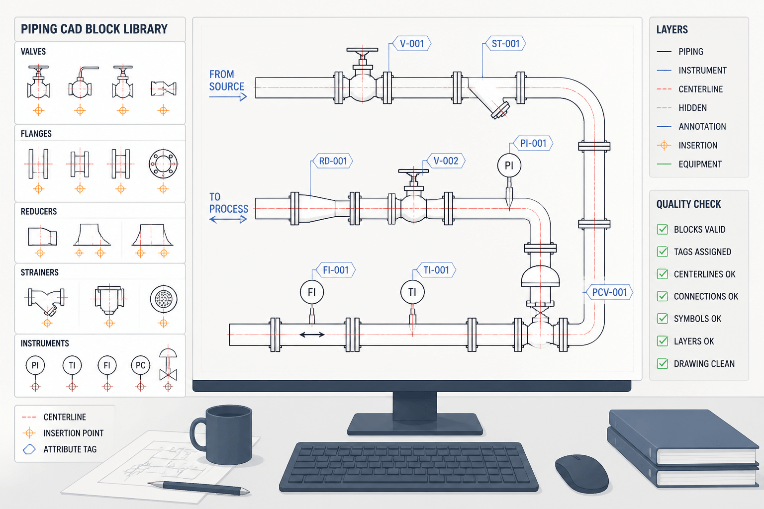 Piping CAD Blocks: How to Build, Use, and Check a Reliable Component Library