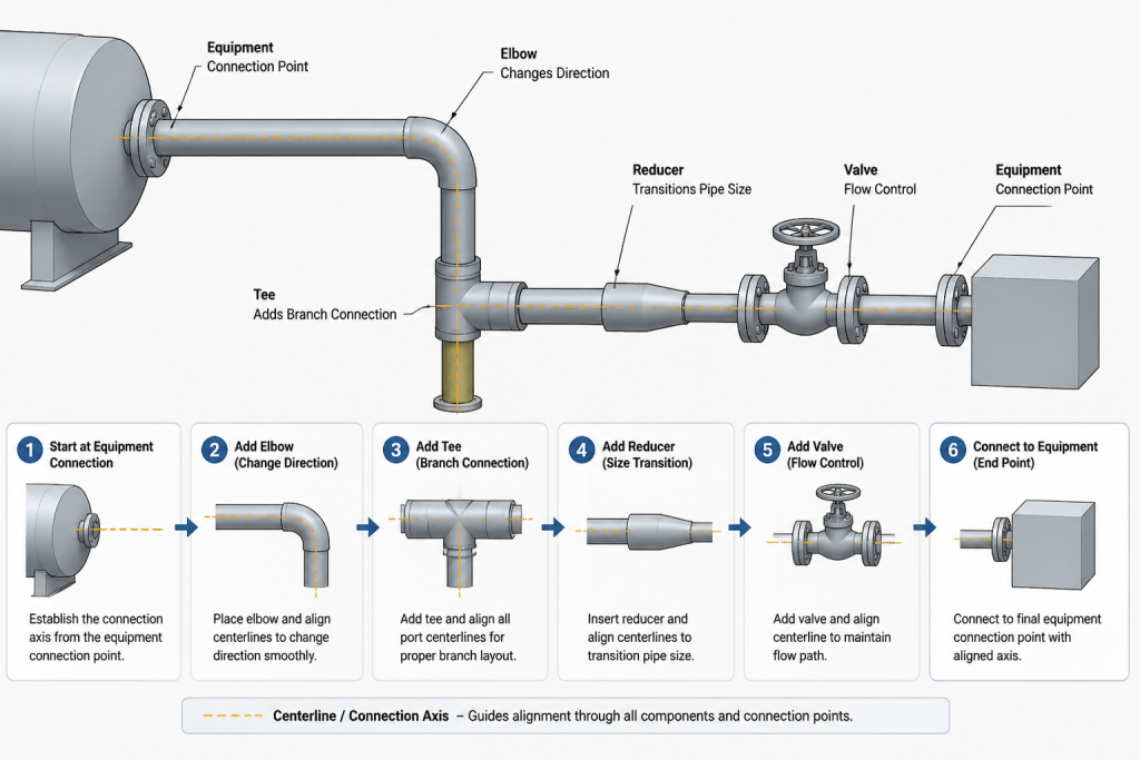 Piping CAD Centerline Modeling: A Practical Guide to Routing, Fittings, and Dimensions engineering illustration