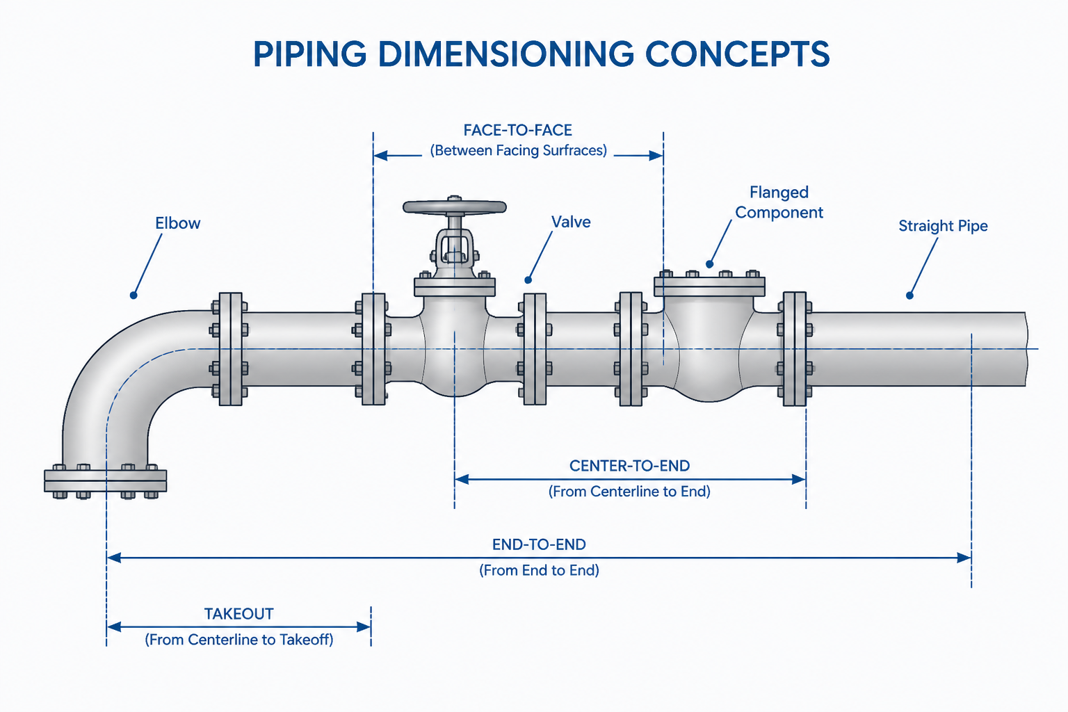Piping Component Dimensions in CAD: Face-to-Face, Takeout, and Center-to-End Explained engineering illustration
