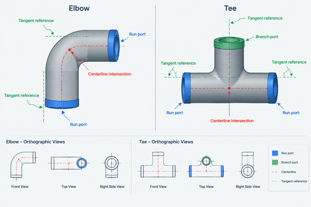 Piping Component Insertion Points in CAD: Origins, Ports, and Replacement-Safe Modeling engineering illustration