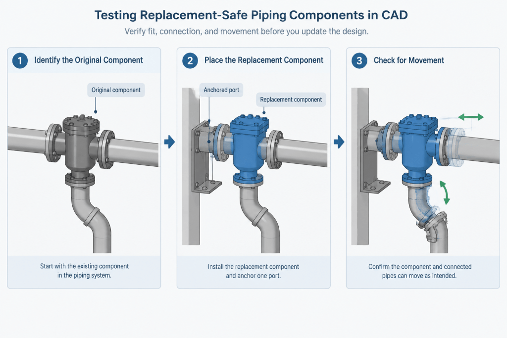 Piping Component Insertion Points in CAD: Origins, Ports, and Replacement-Safe Modeling engineering illustration