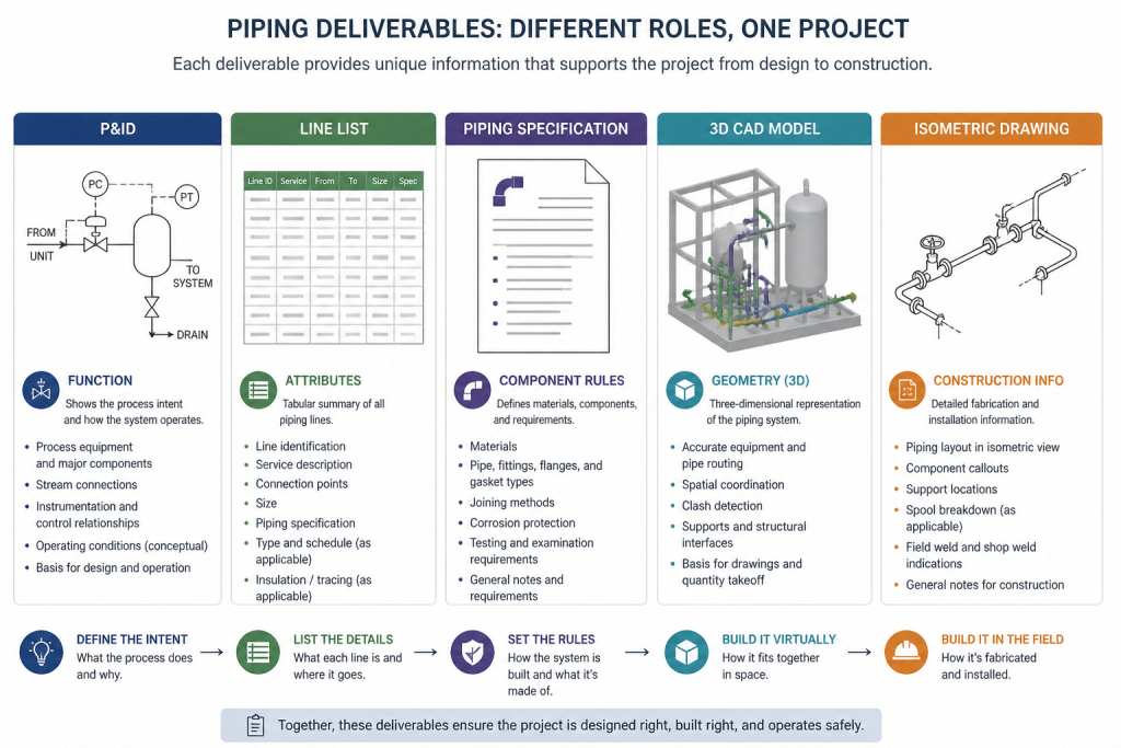 Piping Document Handoffs: How P&IDs, Line Lists, Isometrics, and CAD Models Work Together engineering illustration
