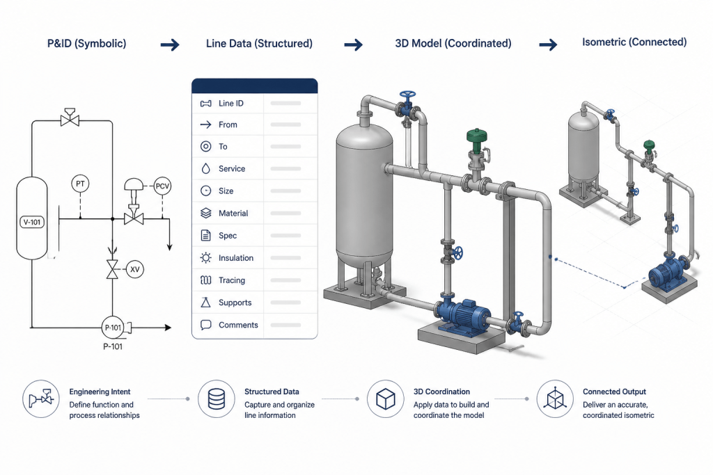 Piping Document Handoffs: How P&IDs, Line Lists, Isometrics, and CAD Models Work Together engineering illustration