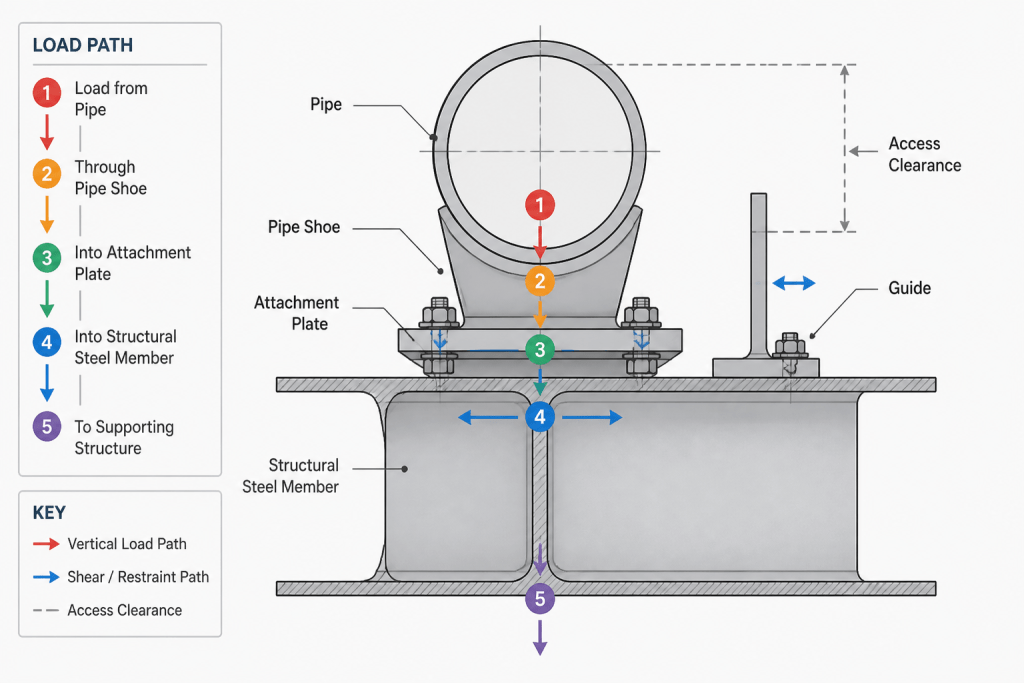 Piping Support Attachment Details in CAD: How to Show Steel Interfaces and Load Paths engineering illustration