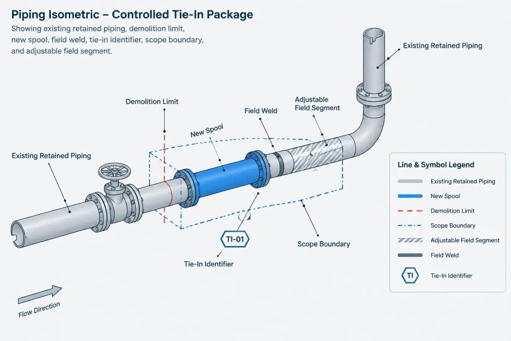 Piping Tie-In Points in CAD: Existing-System Interfaces, Field Verification, and Drawing Control piping engineering illustration