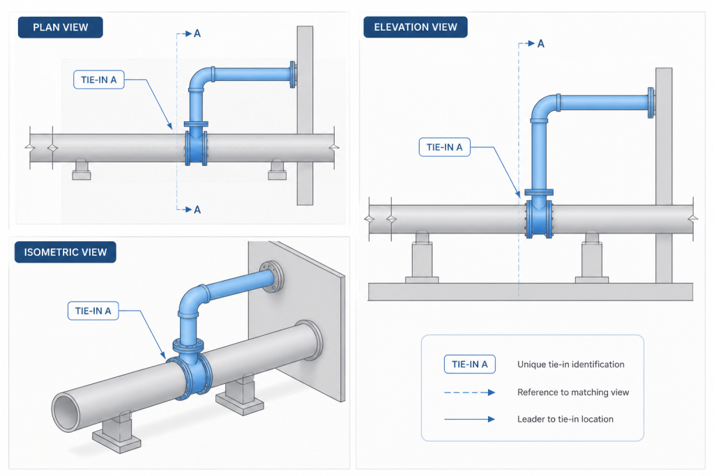 Piping Tie-In Points in CAD: How to Identify, Coordinate, and Document Existing-to-New Connections engineering illustration